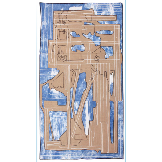 Rug with abstract design of a person and landscape on a blue background