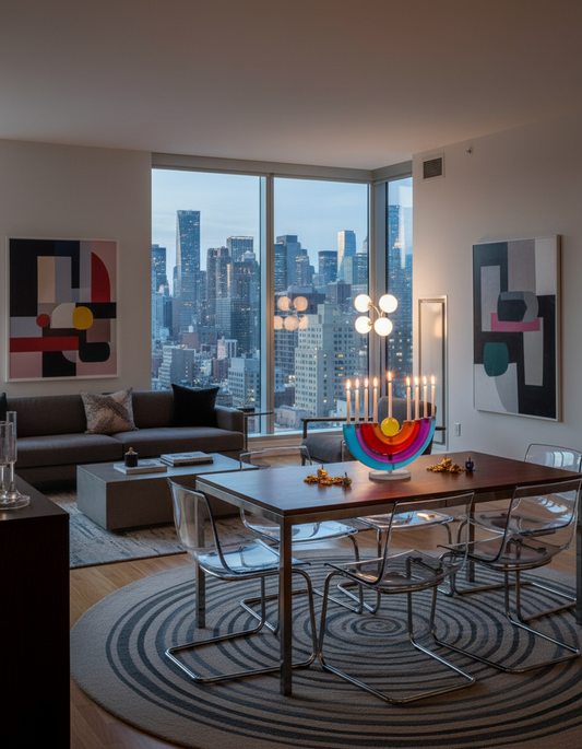 Modern living room with city skyline view, dining table, and abstract art.