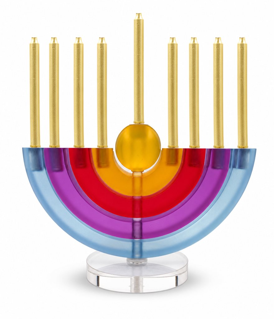 Colorful menorah with gold candles on a white background