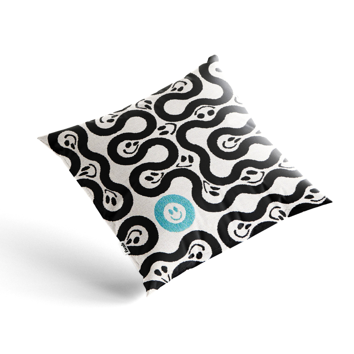 Folded fabric with black wavy patterns and a blue logo on a white background