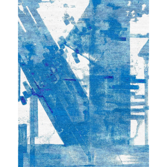 Abstract art with blue and white patterns on a textured surface