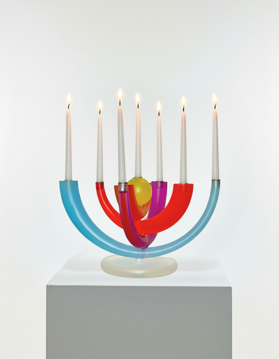 Colorful Menorah with lit candles on a white background