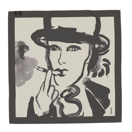 A black and white scarf featuring a artistic depiction of a woman with a hat and cigarette, with expressive brush strokes and monochrome color palette.