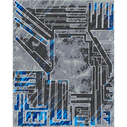 Geometric patterned rug with blue and gray colors on a white background