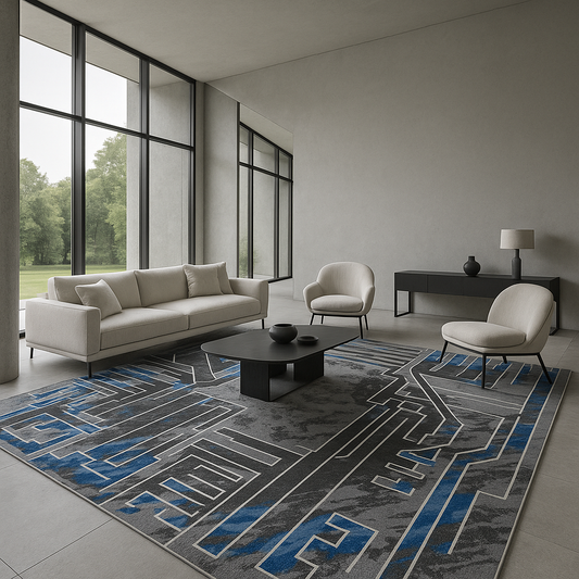 Modern living room with a geometric patterned rug, sofa, and chairs.