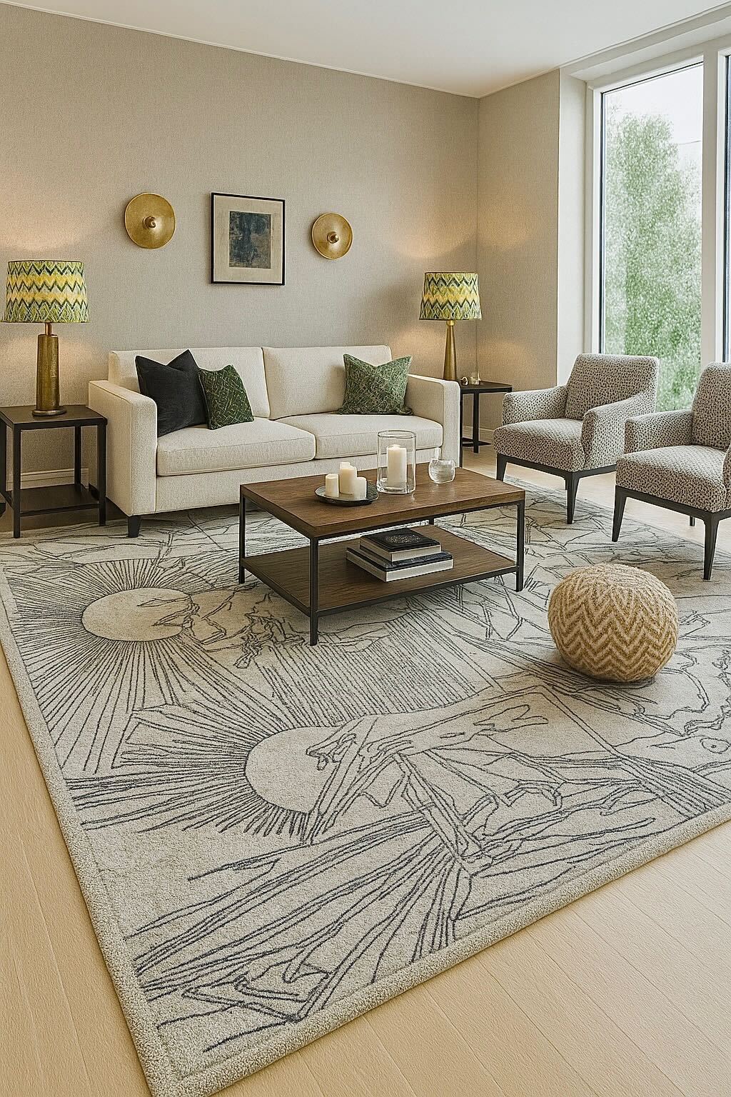 Modern living room with a beige sofa, coffee table, and decorative rug.