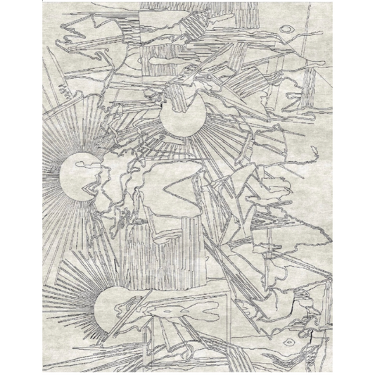 Abstract black and white drawing with geometric shapes and patterns