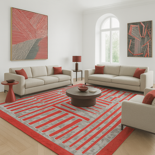 Modern living room with beige sofas, a red and gray patterned rug, and abstract art on the walls.
