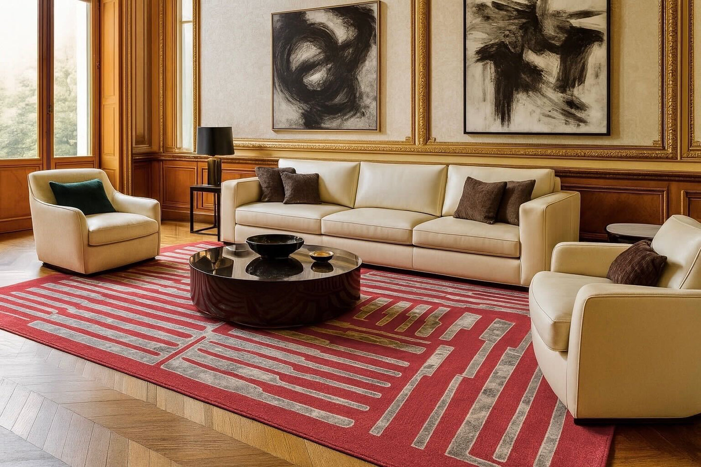 Living room with beige sofa, armchairs, and a red patterned rug.