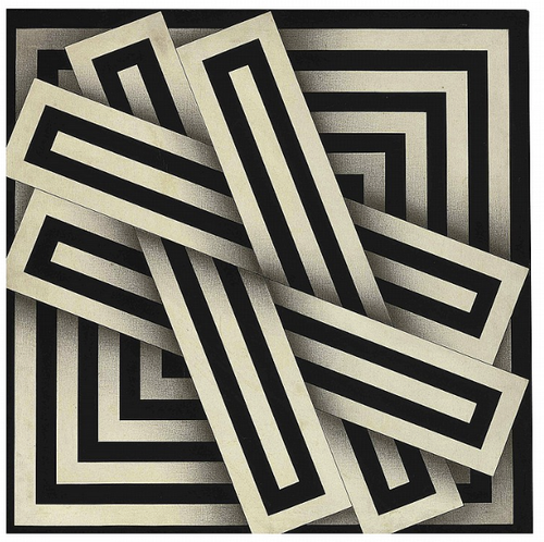 Omar Rayo geometric abstract artwork with trompe loeil illusion and bold patterns