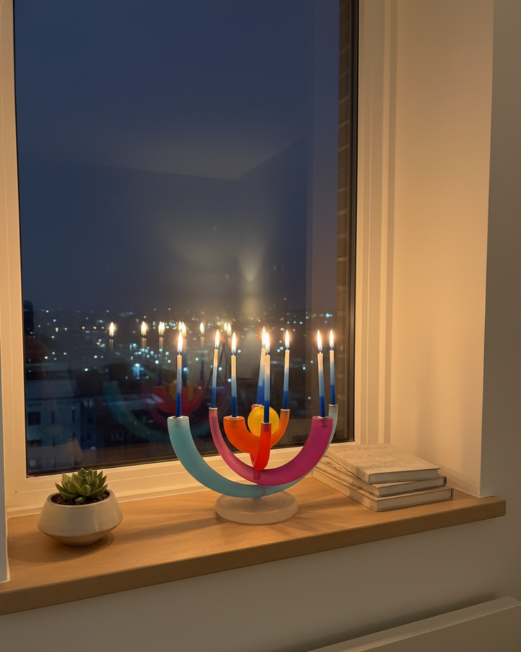 Contemporary colorful candleholder by window