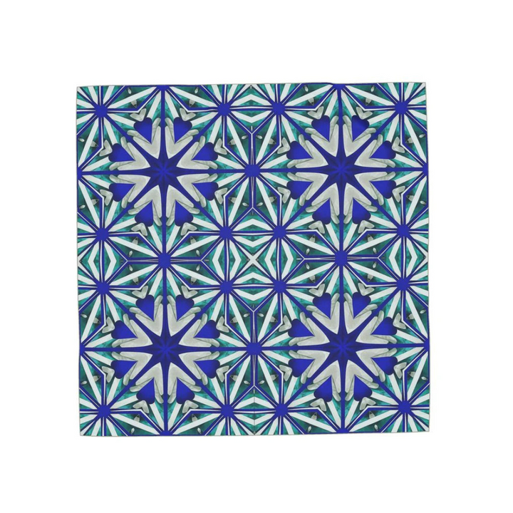 Geometría del Alma Scarf — 100% twill silk, cobalt and emerald sacred geometry motifs