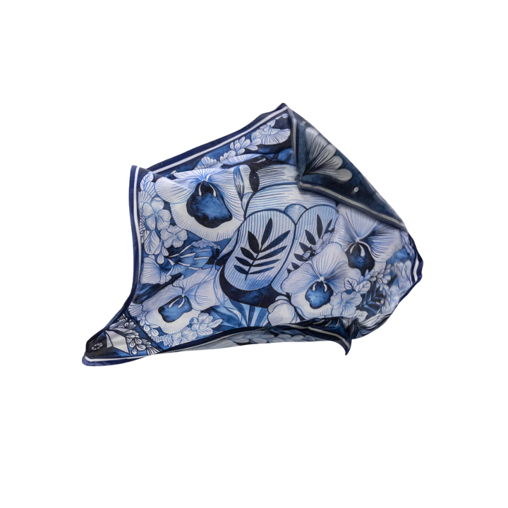 Remediarium Primum Silk Scarf — silk, blue botanical illustration, beetle motif
