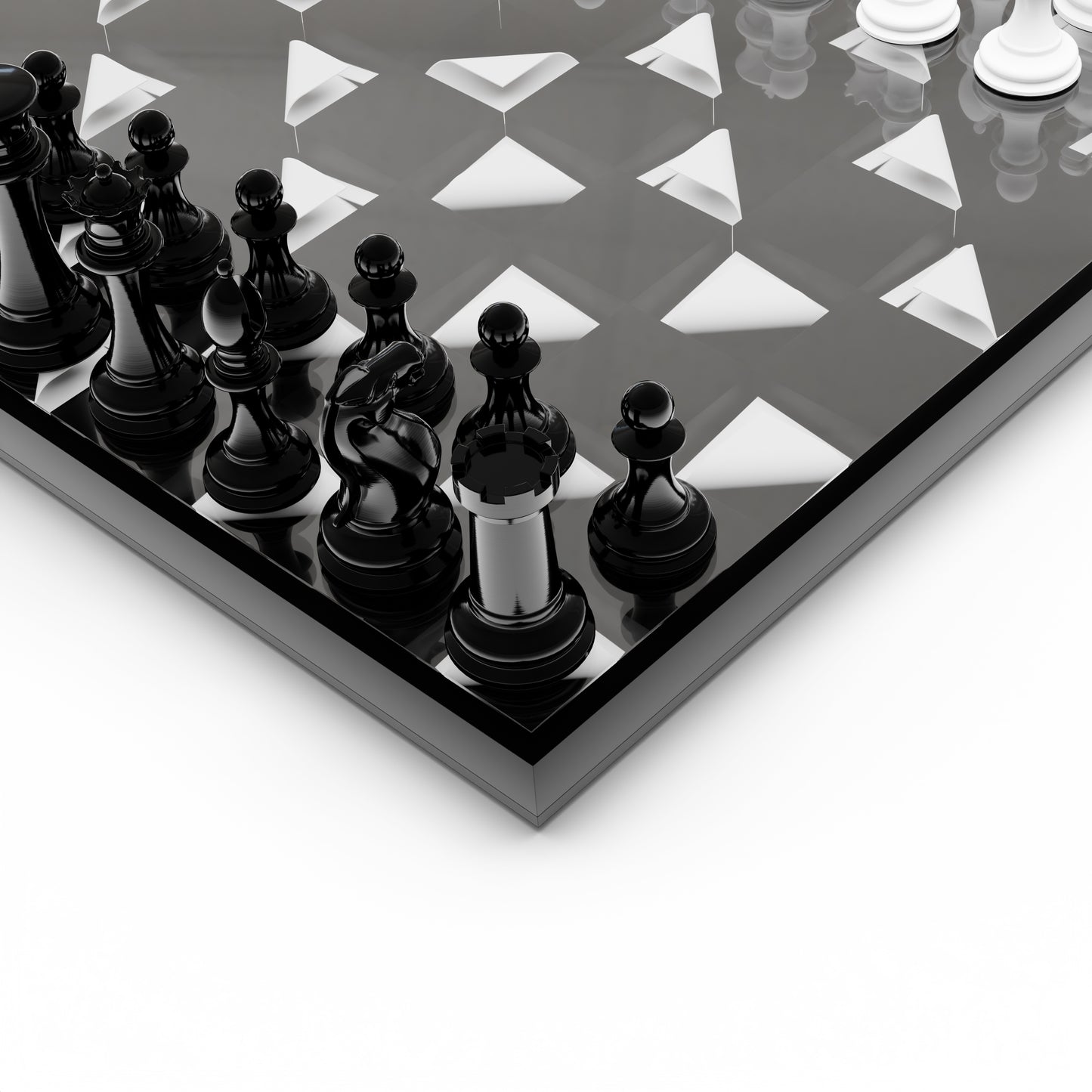 Close-up of a chessboard with black and white pieces on a reflective surface.