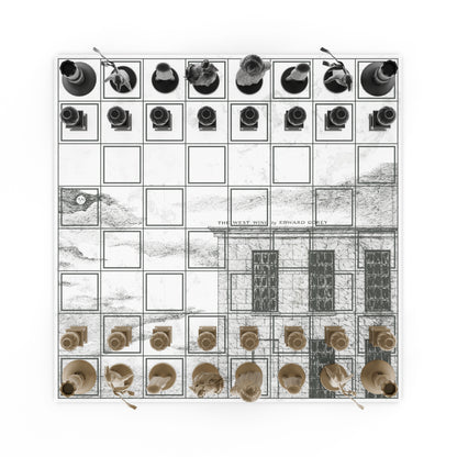 Black and white chessboard with various objects on a white background