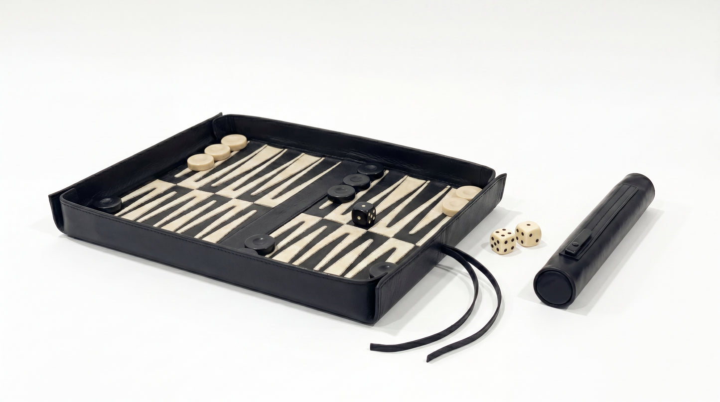 Backgammon set with pieces and dice on a white background