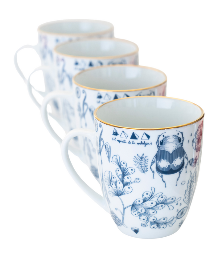 Remediarium Primum Mug Set — porcelain, blue botanical illustration, set of 4, 300ml