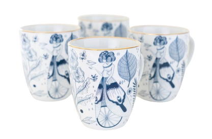 A set of four white ceramic mugs with blue floral and botanical illustrations.