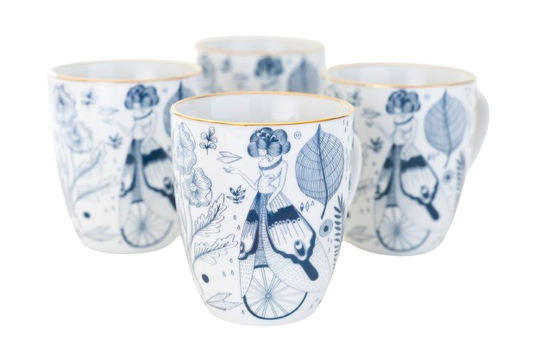 A set of four white ceramic mugs with blue floral and botanical illustrations.