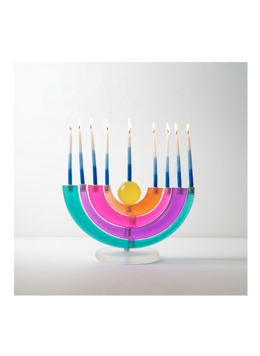 Colorful Menorah with lit candles on a white background