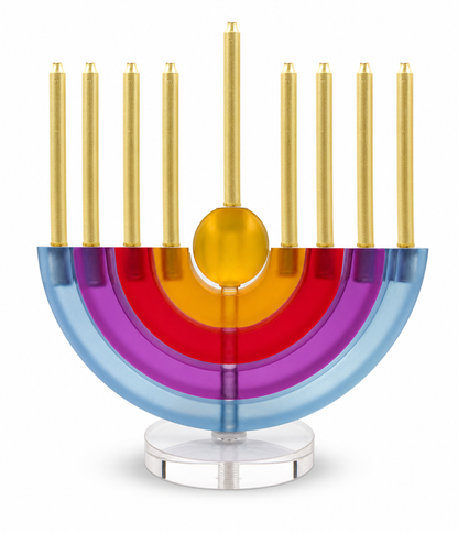 Colorful menorah with gold candles on a white background