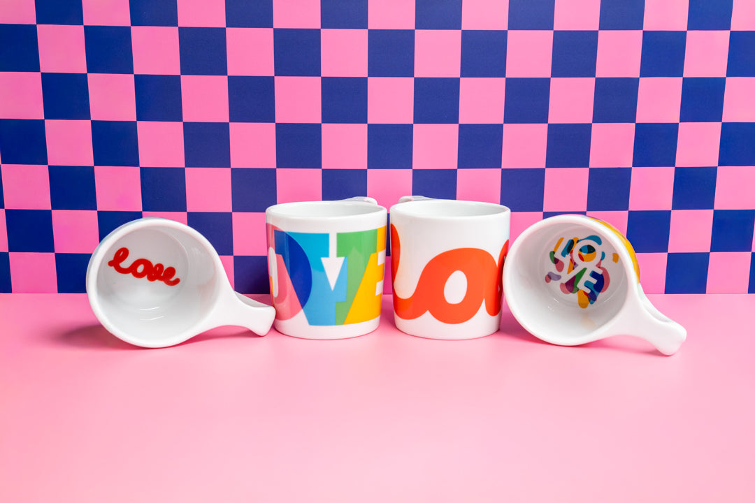 Colour of Love Mug — ceramic, multicolor geometric LOVE pattern