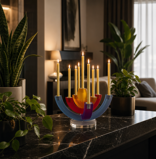 Decorative menorah with lit candles on a marble surface in a home setting.