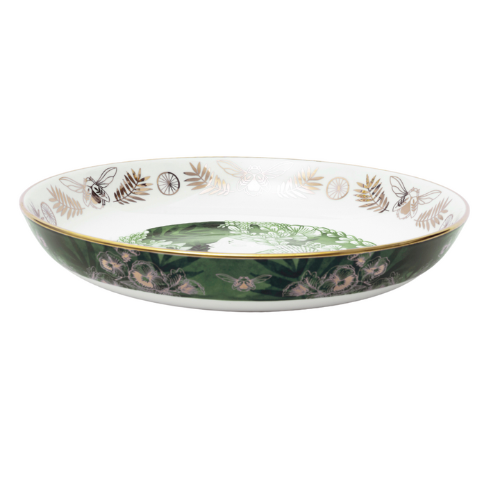 Decorative plate with floral and insect design on a white background