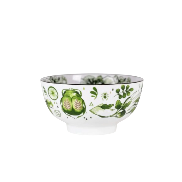 Voragine Rice Bowl — porcelain, green leaf botanical motif