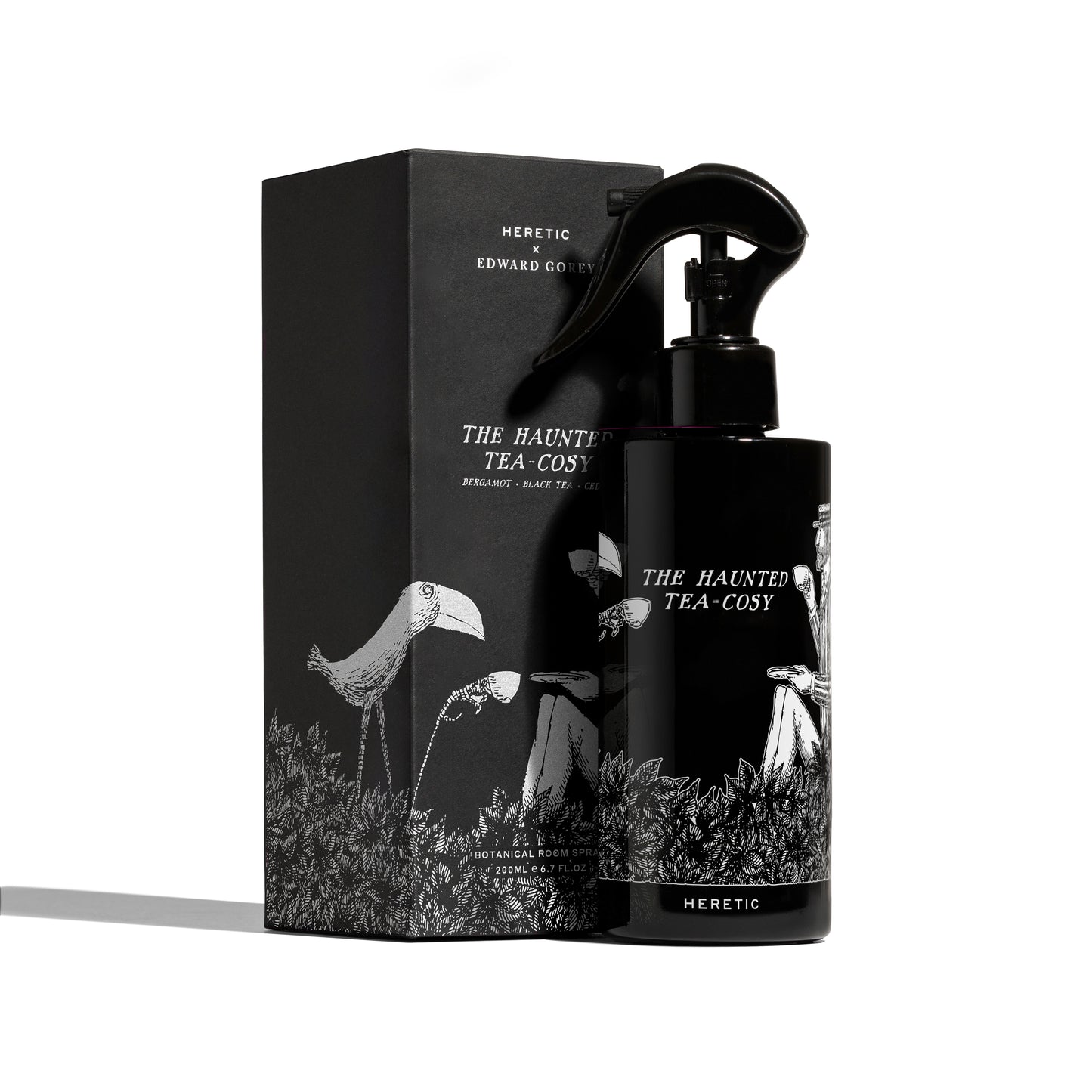 Black and white product packaging with 'Heretic' branding and illustrations on a white background
