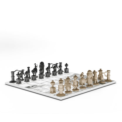 Chess set with detailed pieces on a white board