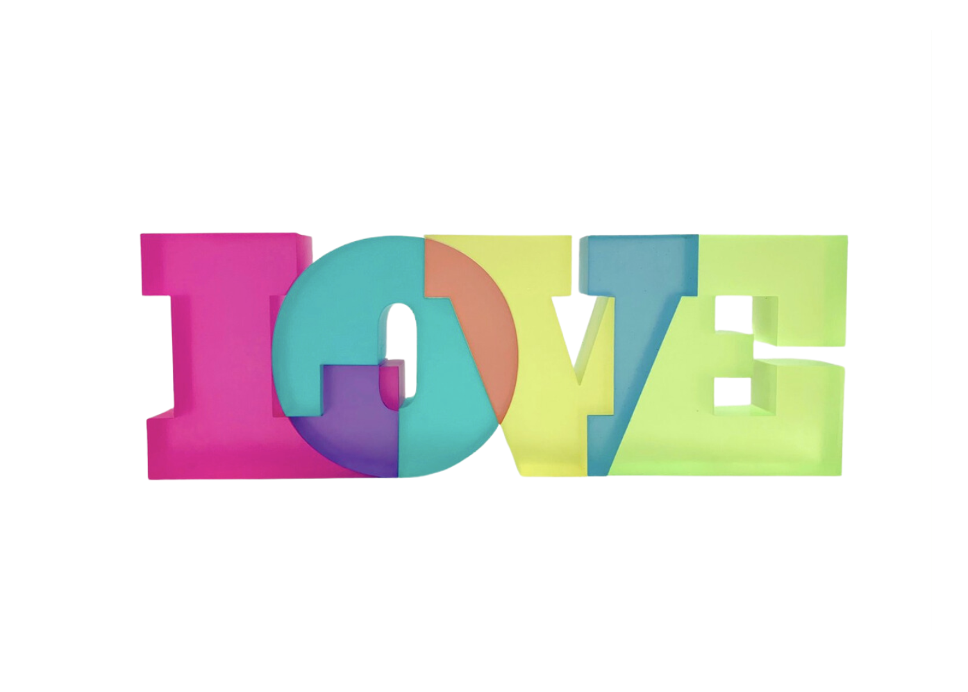 A colorful translucent sculpture spelling out the word 'LOVE' in bold letters.