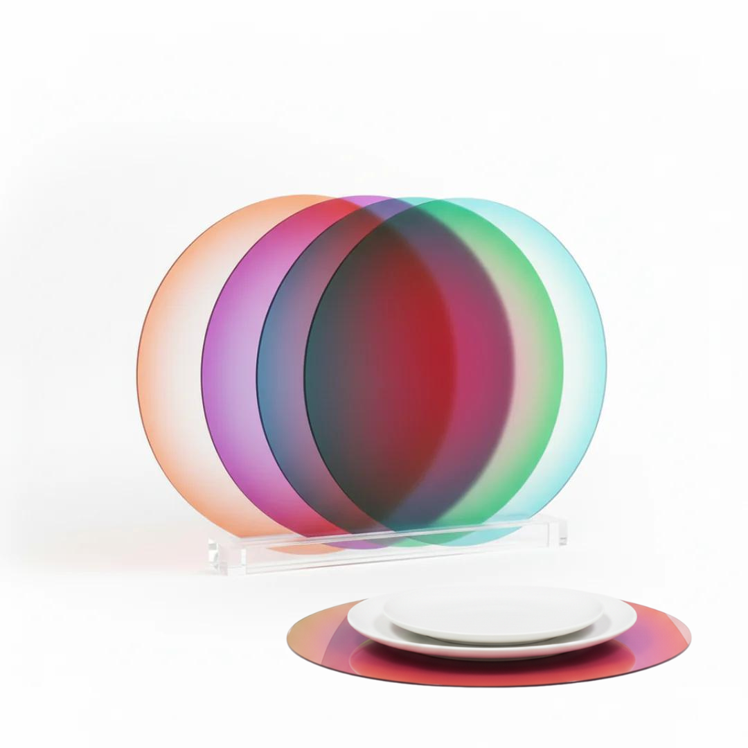 Colorful circular placemats with a gradient design on a white background