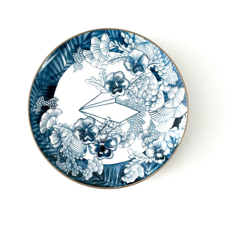 Remediarium Primum Dinner Plate — porcelain, blue floral illustration, 10.5in