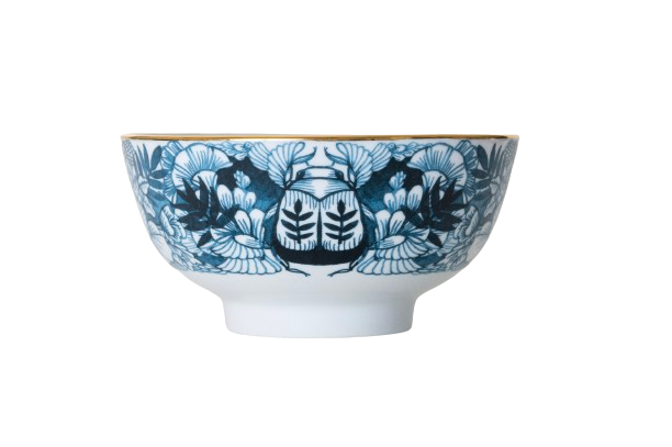 A ceramic bowl with blue floral illustrations and gold accents on a white background.
