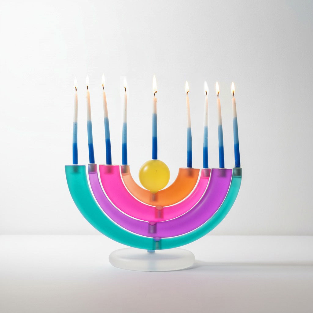 Colorful menorah with lit candles on a white background