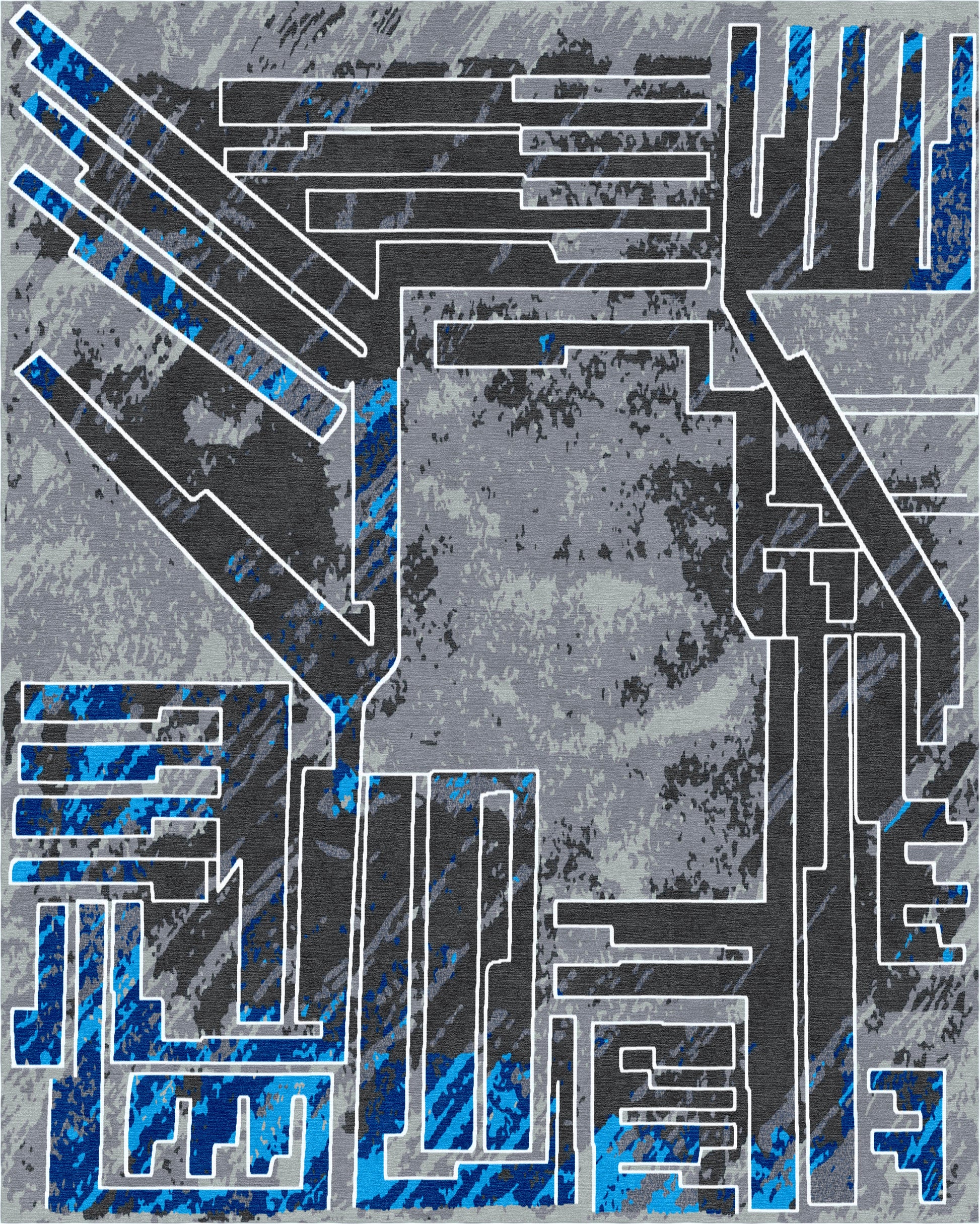 Geometric pattern with black, blue, and gray shapes on a textured background