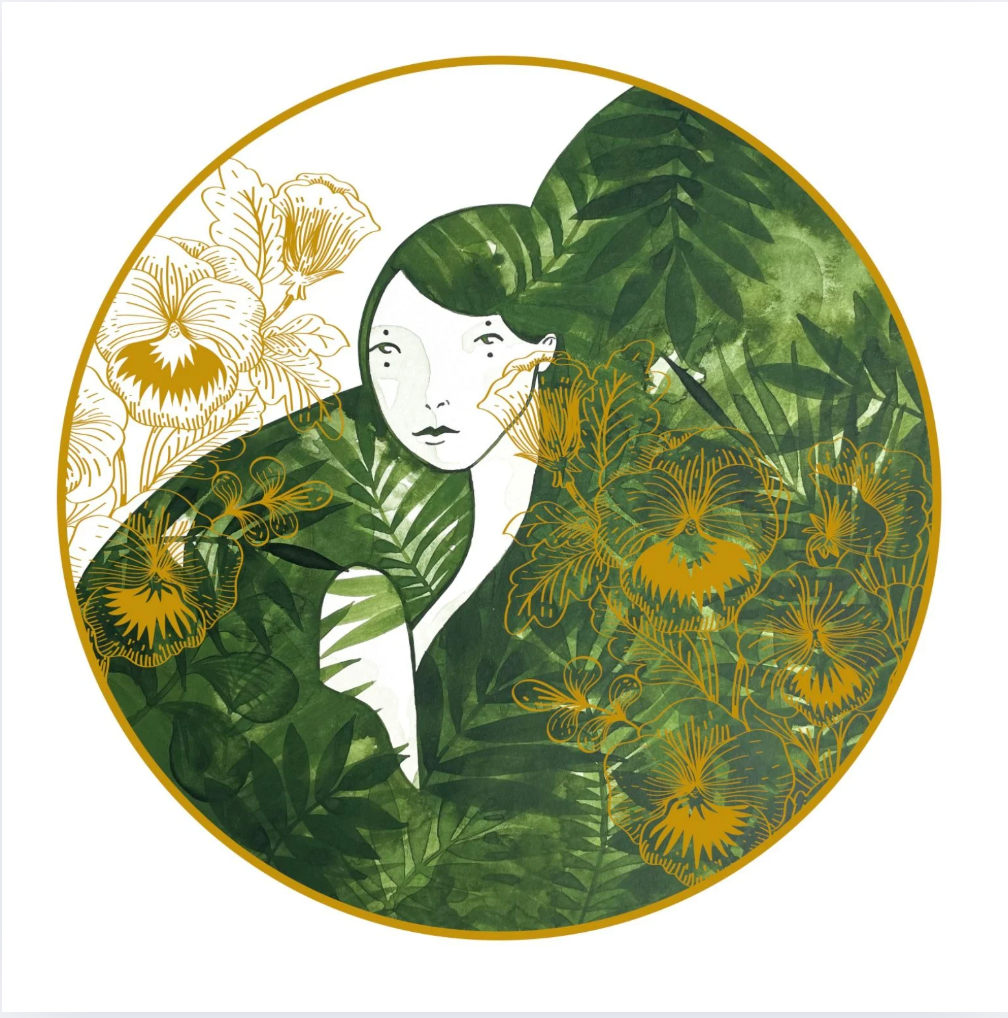 Artistic illustration of a woman surrounded by green leaves and gold flowers in a circular frame.